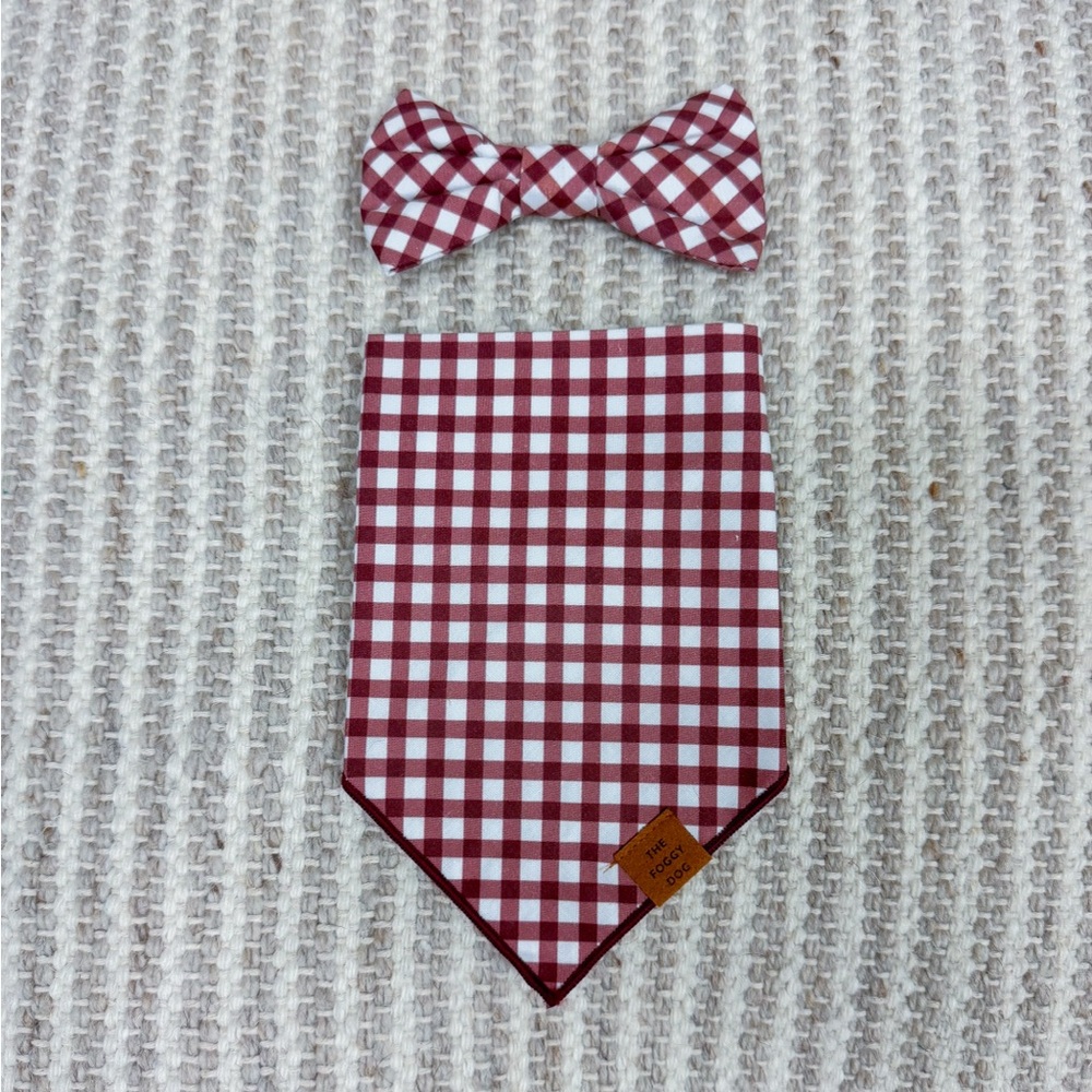 The Foggy Dog Burgundy Checkered Bow Tie and Bandana Set